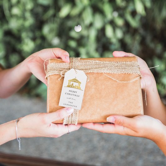 Merry to Name Holiday, Heilige Familie Gold Cadeaulabel