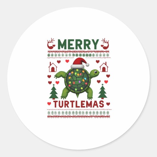 Merry Turtlemas Christmas Lights Cute Turtle Santa Ronde Sticker (Voorkant)