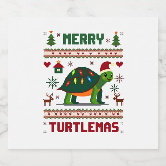 Merry Turtlemas Christmas Lights Cute Turtle Santa Sparkling Wijnetiket (Enkel label)
