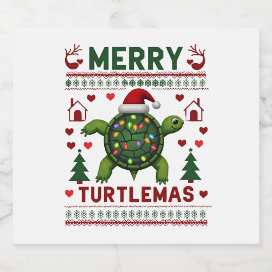 Merry Turtlemas Christmas Lights Cute Turtle Santa Sparkling Wijnetiket (Enkel label)