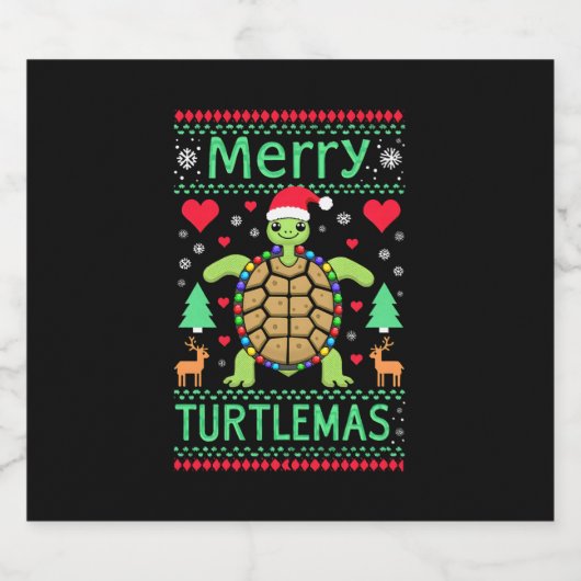 Merry Turtlemas Christmas Lights Cute Turtle Santa Sparkling Wijnetiket (Enkel label)