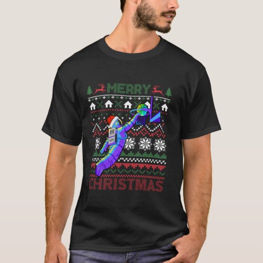Merry Ugly Christmas Santa Hat Astronaut Dunking B T-shirt (Voorkant)