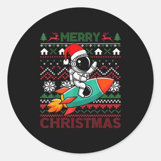 Merry Ugly Christmas Santa Hat Astronaut Riding Ro Ronde Sticker (Voorkant)