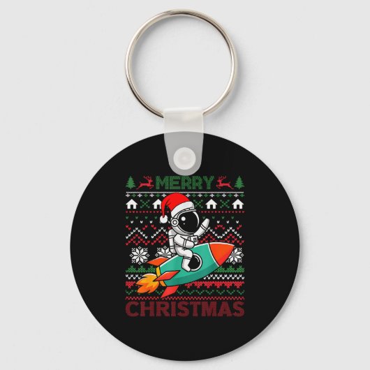 Merry Ugly Christmas Santa Hat Astronaut Riding Ro Sleutelhanger (Voorkant)