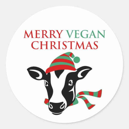 Merry Vegan Kerstmis, Koe, Ronde Sticker (Voorkant)