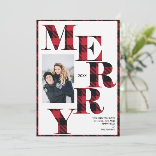 Merry | Verticale fotofeestdag met rode buffels Kaart (Staand voorkant)