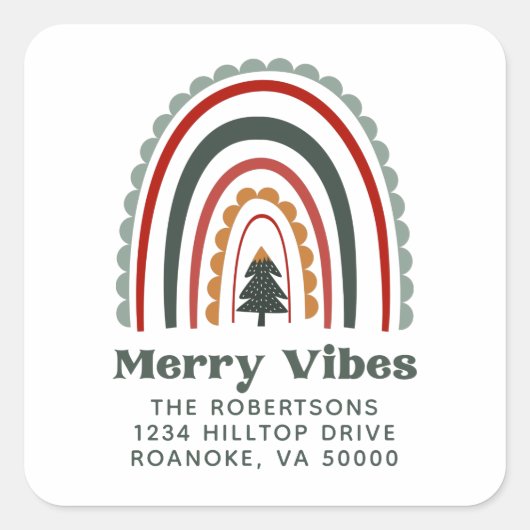 Merry Vibes Boho Rainbow-kerstterugzendadres Vierkante Sticker (Voorkant)