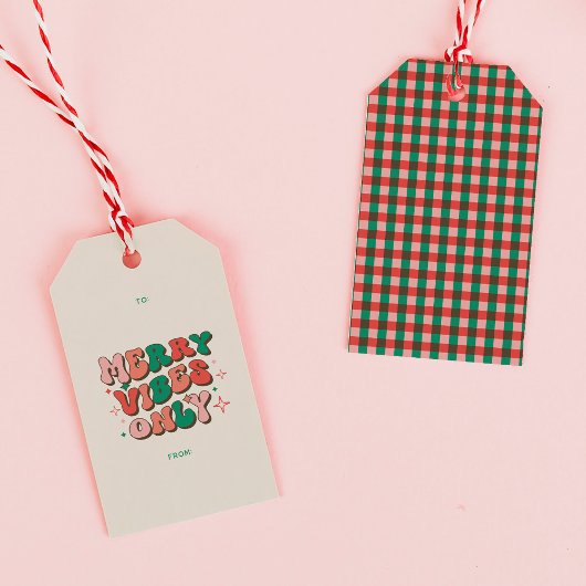 Merry Vibes Only Groovy 70s Retro Kerst Cadeaulabel