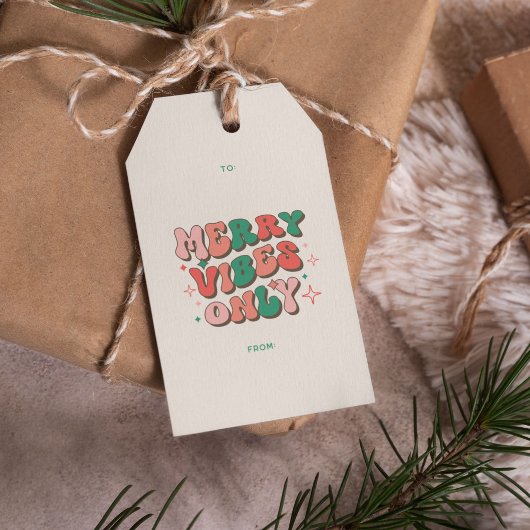 Merry Vibes Only Groovy 70s Retro Kerst Cadeaulabel