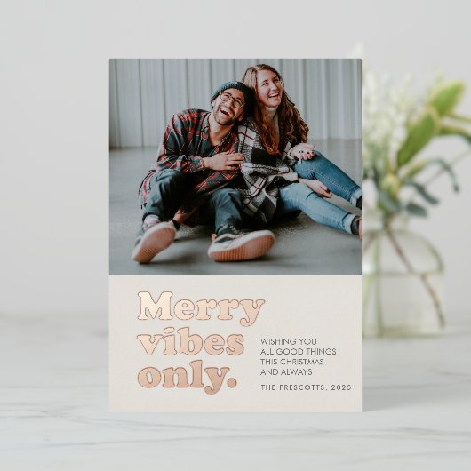 Merry vibes only retro Kerstmis Folie Feestdagenkaart (Staand Voorkant)