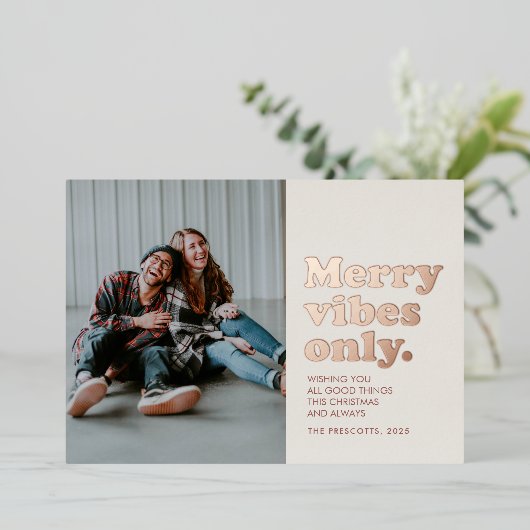 Merry vibes only retro Kerstmis Folie Holiday Kaar Folie Feestdagenkaart (Staand Voorkant)