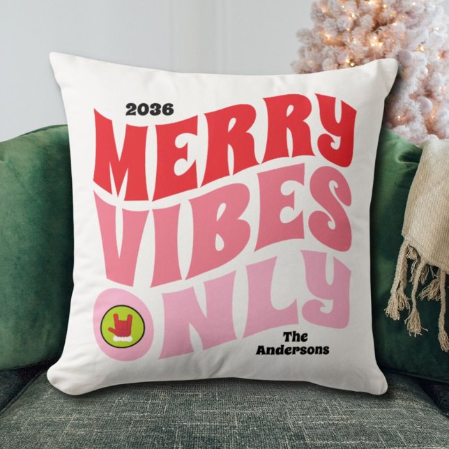 Merry Vibes Only Roze Groen Familie Kerstmis Kussen (Merry Vibes Only Pink Green Family Christmas Throw Pillow)