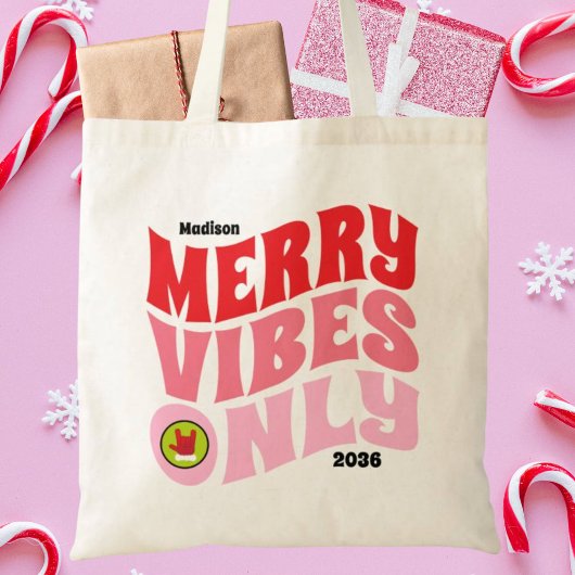 Merry Vibes Only Roze Rood Leuk Meisje Kerstmis Tote Bag