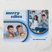 Merry Vibes Retro Arch Photo Blue and Gold Folie Feestdagenkaart (Voorkant)