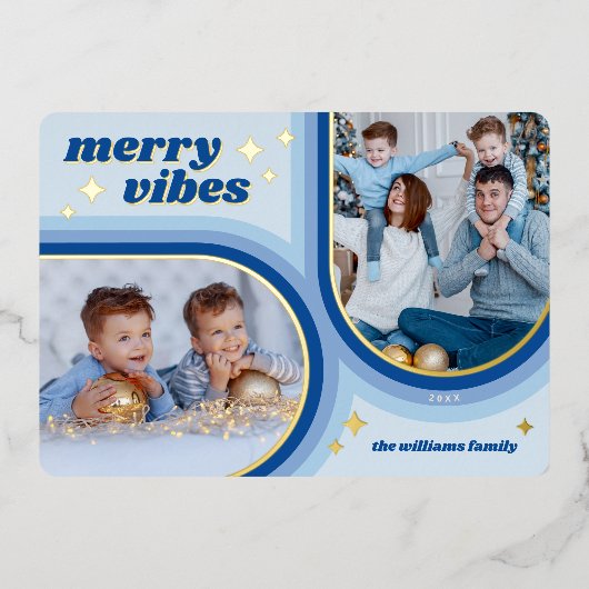Merry Vibes Retro Arch Photo Blue and Gold Folie Feestdagenkaart (Voorkant)