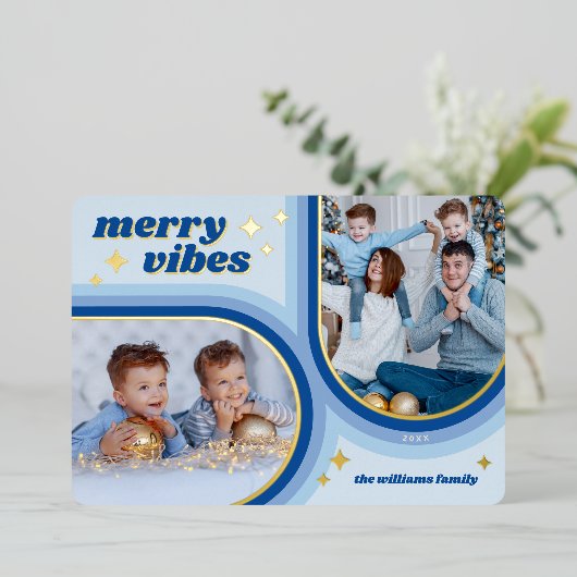 Merry Vibes Retro Arch Photo Blue and Gold Folie Feestdagenkaart (Staand Voorkant)