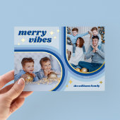 Merry Vibes Retro Arch Photo Blue and Gold Folie Feestdagenkaart