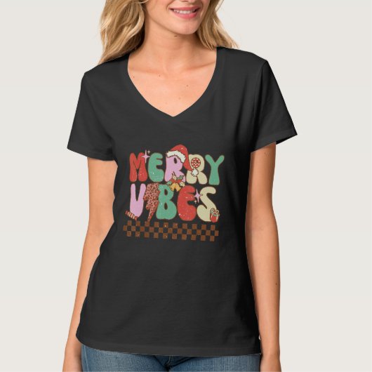 Merry Vibes Retro Christmas Candy Cane Christmas v T-shirt (Voorkant)