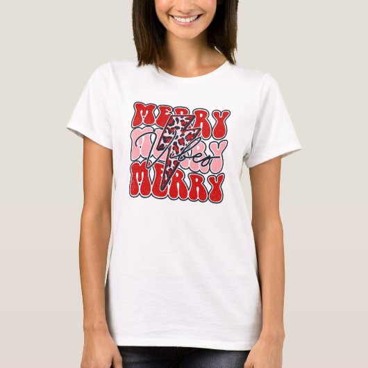 Merry Vibes Retro Leopard Vakantie Kerstmis T-shirt (Voorkant)