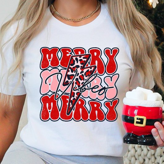 Merry Vibes Retro Leopard Vakantie Kerstmis T-shirt