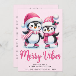 Merry Vibes Schaatspinguïns Roze Kerst Feestdagenkaart