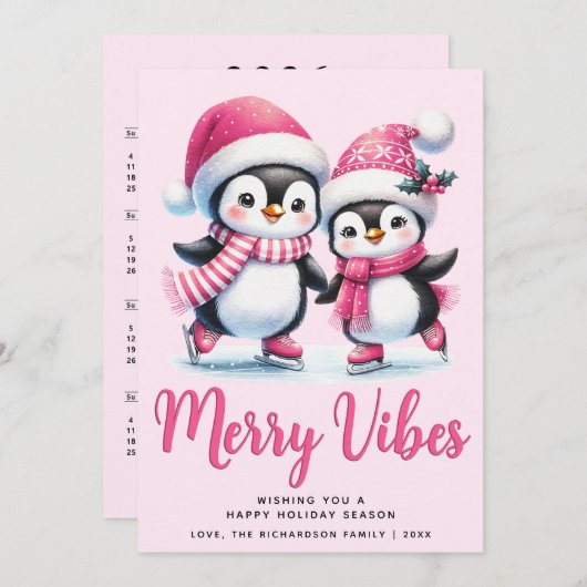 Merry Vibes Schaatspinguïns Roze Kerst Feestdagenkaart (Voorkant / Achterkant)