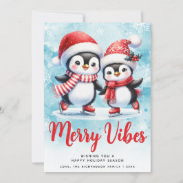 Merry Vibes Schattigee Pinguïns Blauw Rood Kerst Feestdagenkaart