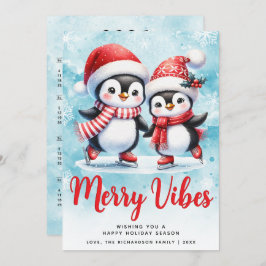 Merry Vibes Schattigee Pinguïns Blauw Rood Kerst Feestdagenkaart