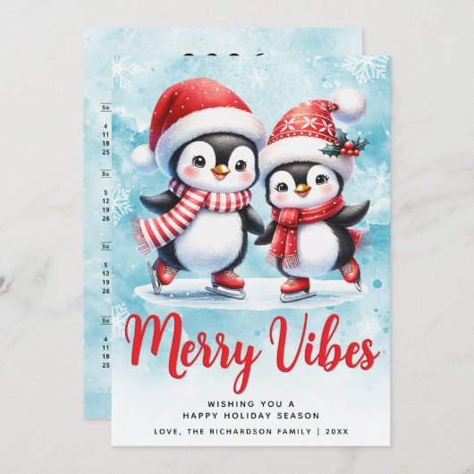 Merry Vibes Schattigee Pinguïns Blauw Rood Kerst Feestdagenkaart (Voorkant / Achterkant)