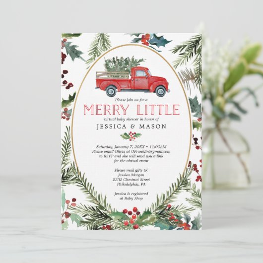 Merry Virtual Baby shower nodigt Kaart Red Truck u (Staand voorkant)