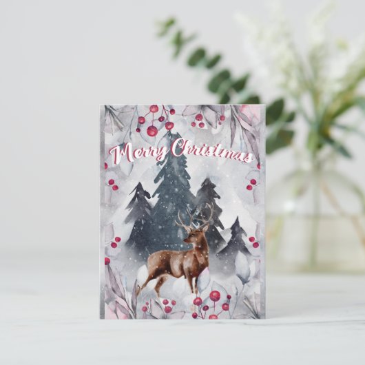 Merry Waterverf Deer Bossen Sneeuwscene Feestdagenkaart (Staand voorkant)