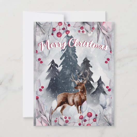 Merry Waterverf Deer Bossen Sneeuwscene Feestdagenkaart (Voorkant)