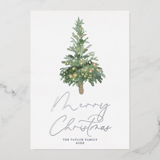 Merry Waterverf Tree Silver Foil Boho Folie Feestdagenkaart (Voorkant)