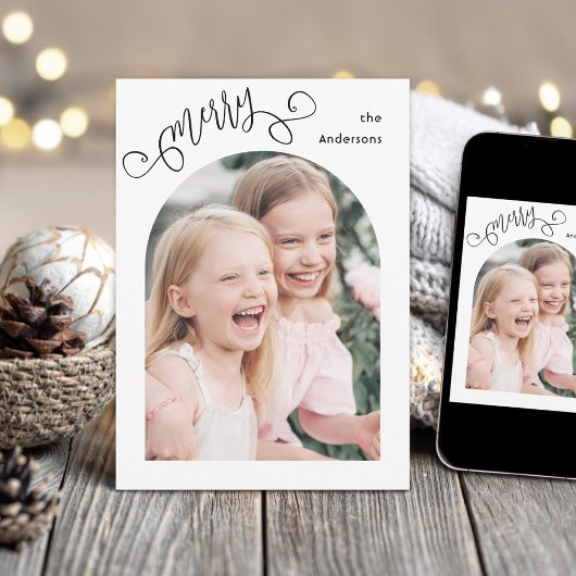 Merry Whimsical Script Simple Arch Photo Christmas Feestdagenkaart