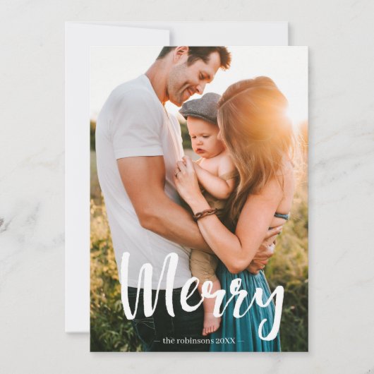 Merry White Script Overlay Fotocollage Family Feestdagenkaart (Voorkant)