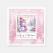 Merry Winter Scene Pink Snowman Christmas Napkins  Servet (Voorkant)