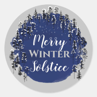 Merry Winter Solstice Blue & Grey Yule Holiday Ronde Sticker