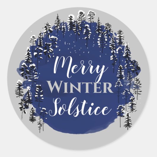 Merry Winter Solstice Blue & Grey Yule Holiday Ronde Sticker (Voorkant)