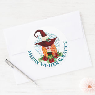 Merry Winter Solstice Cozy Holiday Witch Pet Ronde Sticker