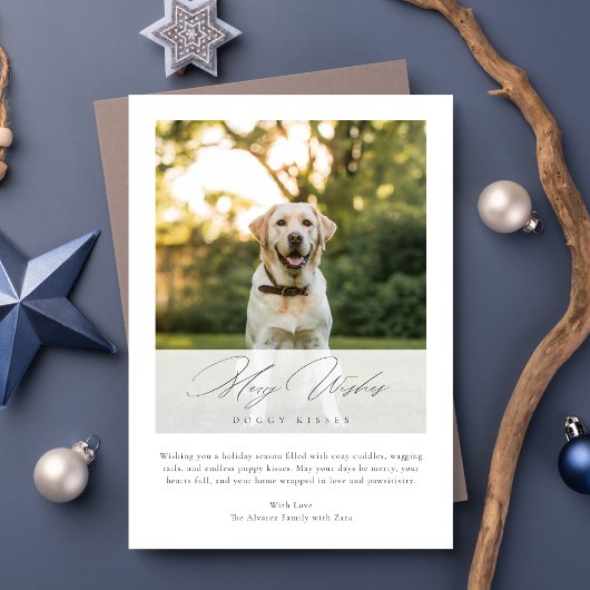 Merry Wishes Dog Kisses Elegante Kerstfoto Feestdagenkaart