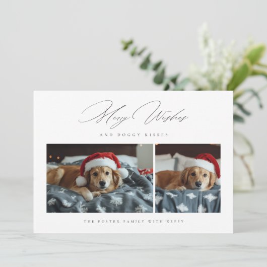 Merry Wishes Doggy Kisses 2 Foto Huisdier Kerstmis Feestdagenkaart (Staand voorkant)
