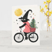 Merry Witchmas Cycling Black Cat Quirky Christmas Kaart (Gele Bloem)