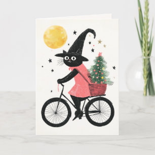 Merry Witchmas Cycling Black Cat Quirky Christmas Kaart