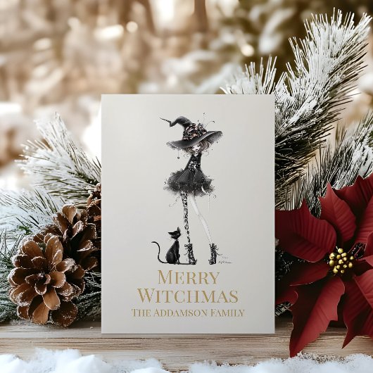 Merry Witchmas Standing Witch Custom Holiday Card Feestdagenkaart
