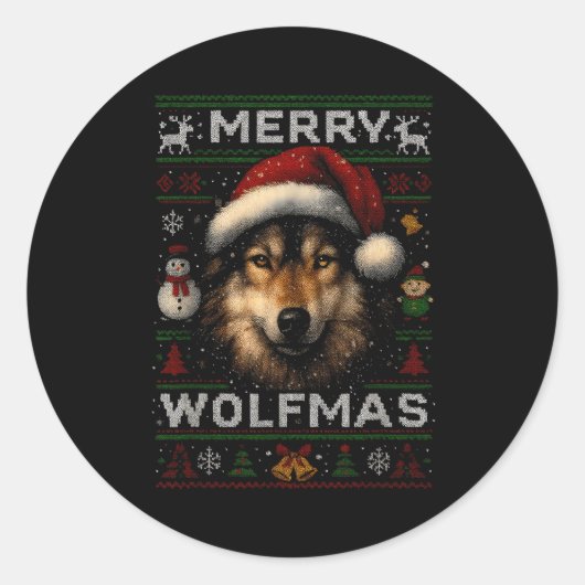 Merry Wolfmas Merry Christmas Wolf Ugly Sweater Fu Ronde Sticker (Voorkant)
