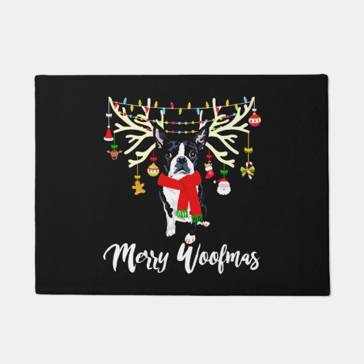 Merry Woofmas Boston Terrier Reindeer Kerstdoe Deurmat (Voorkant)
