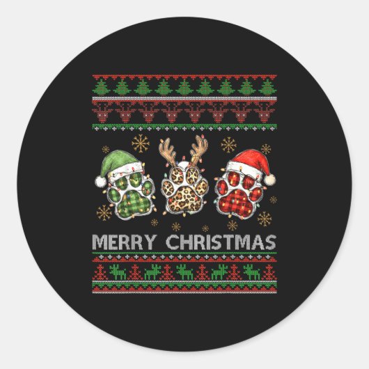 Merry Woofmas Christmas Dog Paws Leopard Ugly Swea Ronde Sticker (Voorkant)