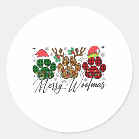 Merry Woofmas Christmas Dog Paws Lights Buffalo Pl Ronde Sticker (Voorkant)