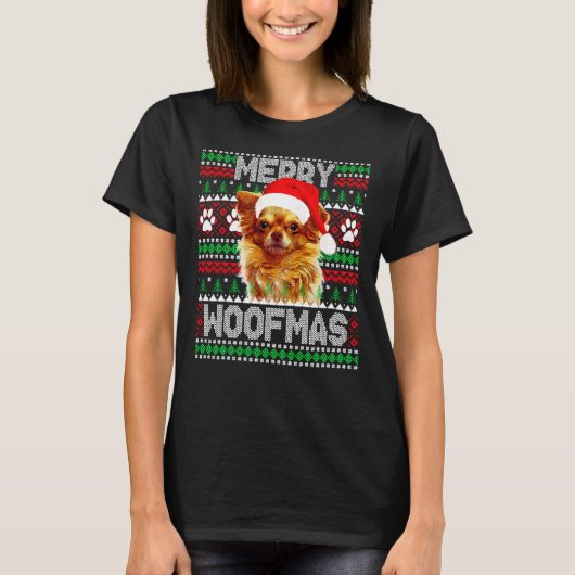Merry Woofmas Cute Long Coat Chihuahua Dog Ugly Sw T-shirt (Voorkant)