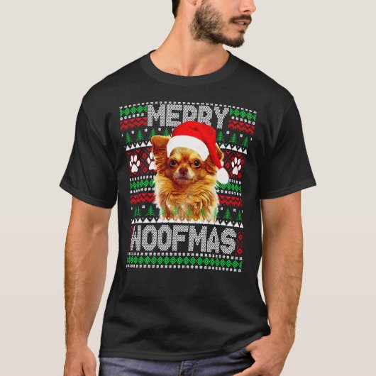 Merry Woofmas Cute Long Coat Chihuahua Dog Ugly Sw T-shirt (Voorkant)